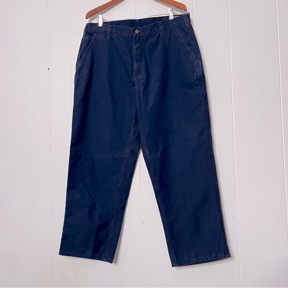 Carhartt Canvas Cargo Pants Navy Blue Dungaree Fit Cotton/Poly Men's 36x28 - Picture 1 of 11